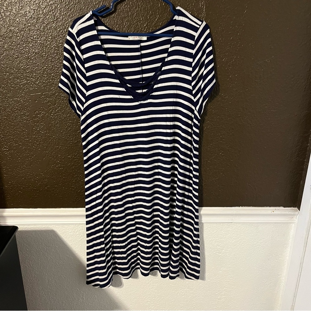 Blue & White Striped Swing Short Sleeve Dress, Strappy Top, Size 2X, Very Soft